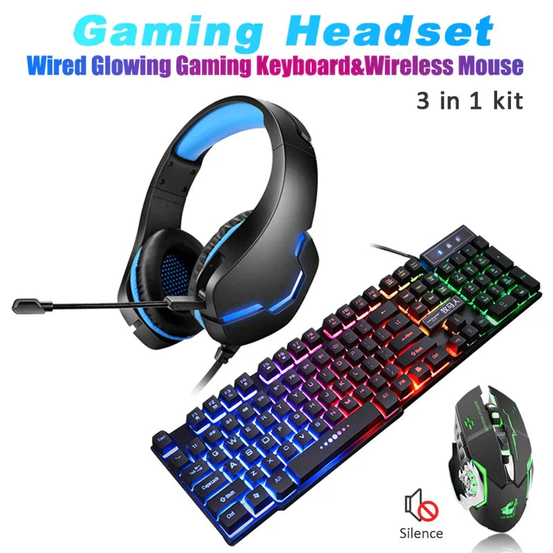 Gaming Wired Keyboard + Wireless Mouse+ Gaming Headset