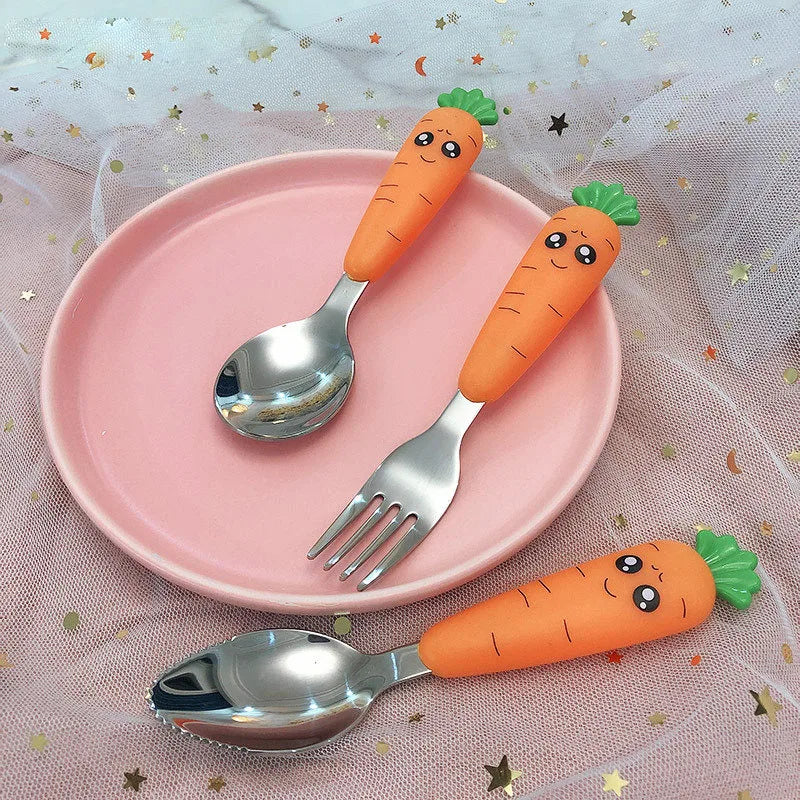 1/3Pcs Baby Feeding Utensils Cartoon Vegetable Fork Spoon