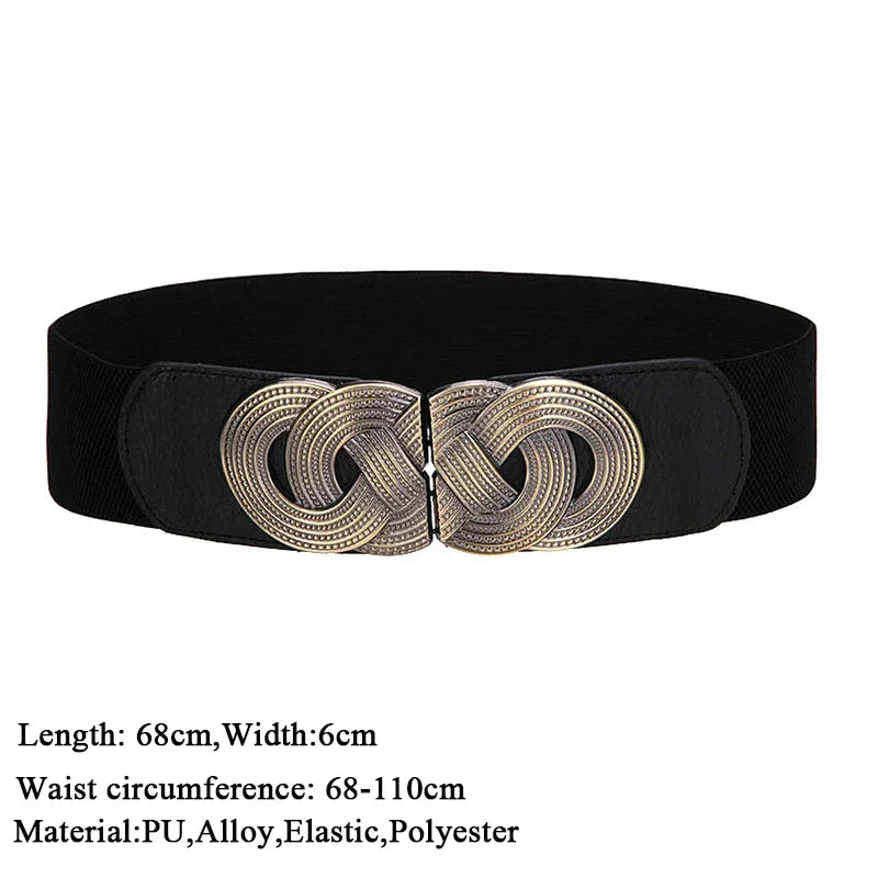 Women Elastic Stretch Waistbands Female Gold Round Buckle