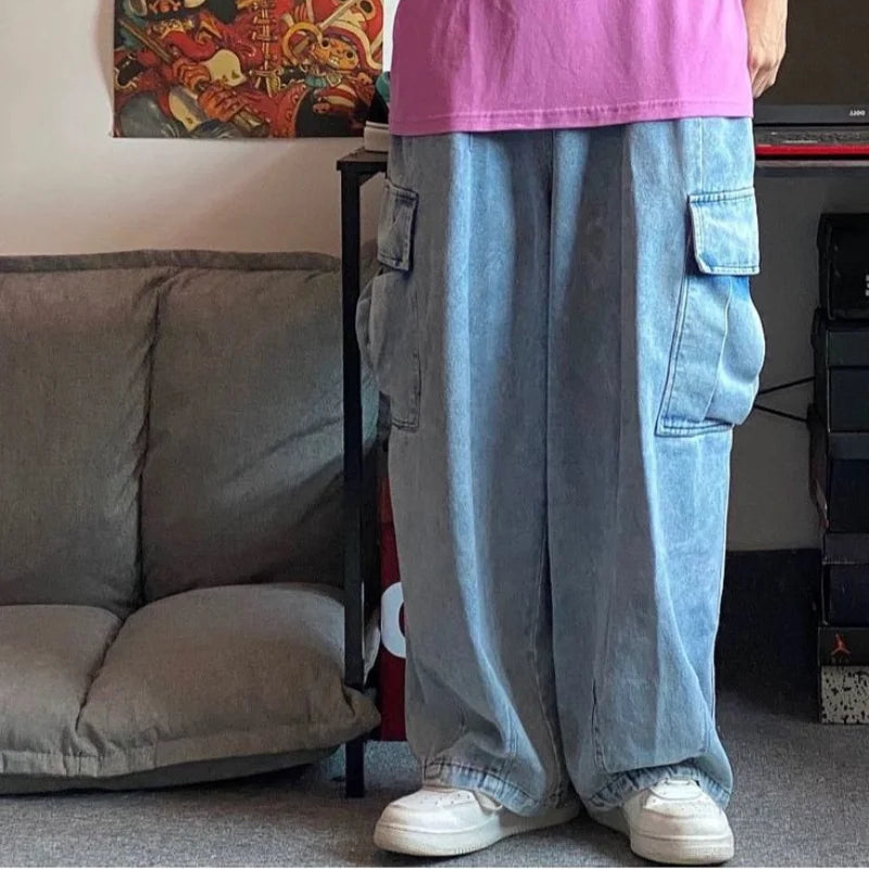 HOUZHOU Baggy Jeans Trousers Male Denim Pants Black