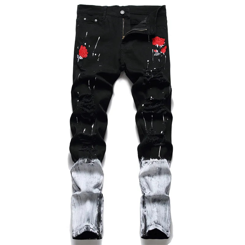 Men Rose Embroidery Jeans Fashion Holes Ripped Stretch