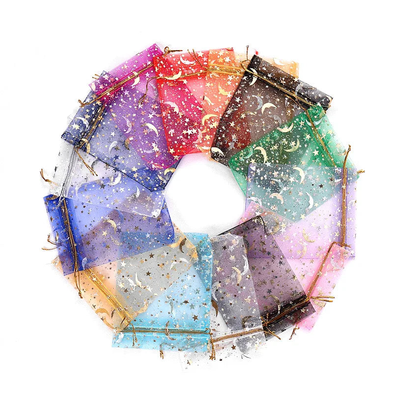 100pcs Moon Star Organza Drawstring Gift Bags 7x9cm Jewelry Packaging Pouches