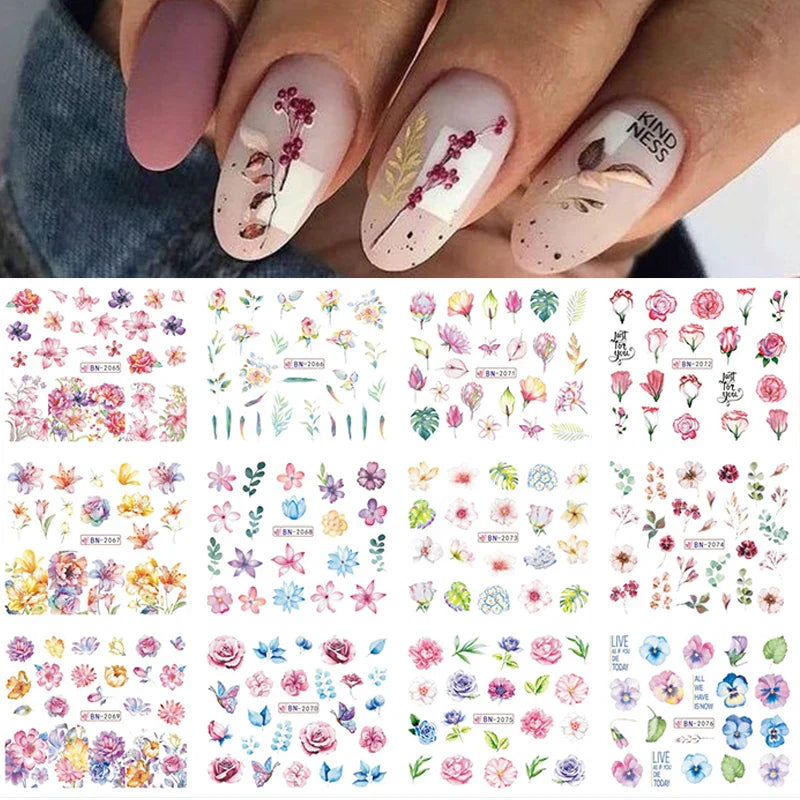 12 Designs Nail Stickers Set Mixed Floral Geometric