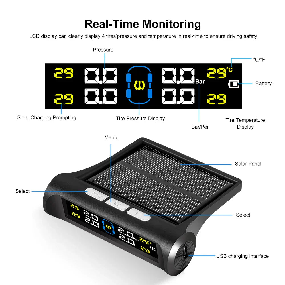 Solar Car TPMS Tire Pressure Alarm Digital Colorful