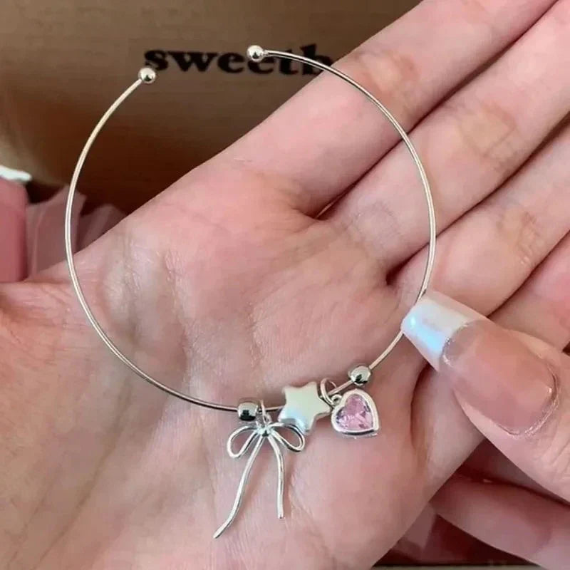 New Kpop Aesthetic Pink Crystal Heart Bowknot Star