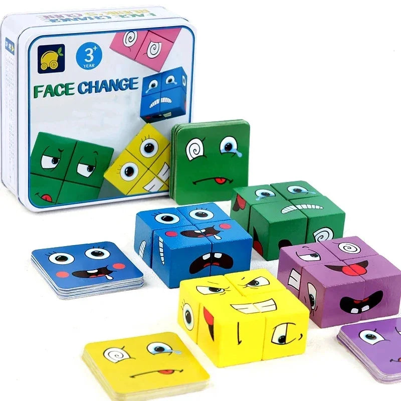 Wooden Face Changing Cube Toys Building Blocks Cartoon