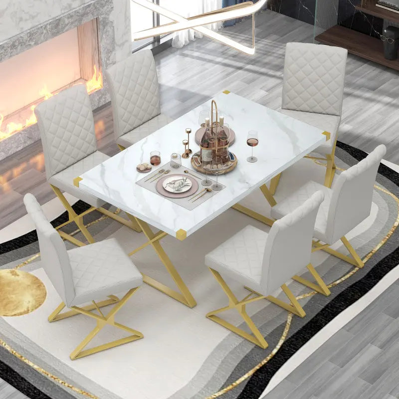 White 7-Piece Modern Dining Table Set, Rectangular Marble