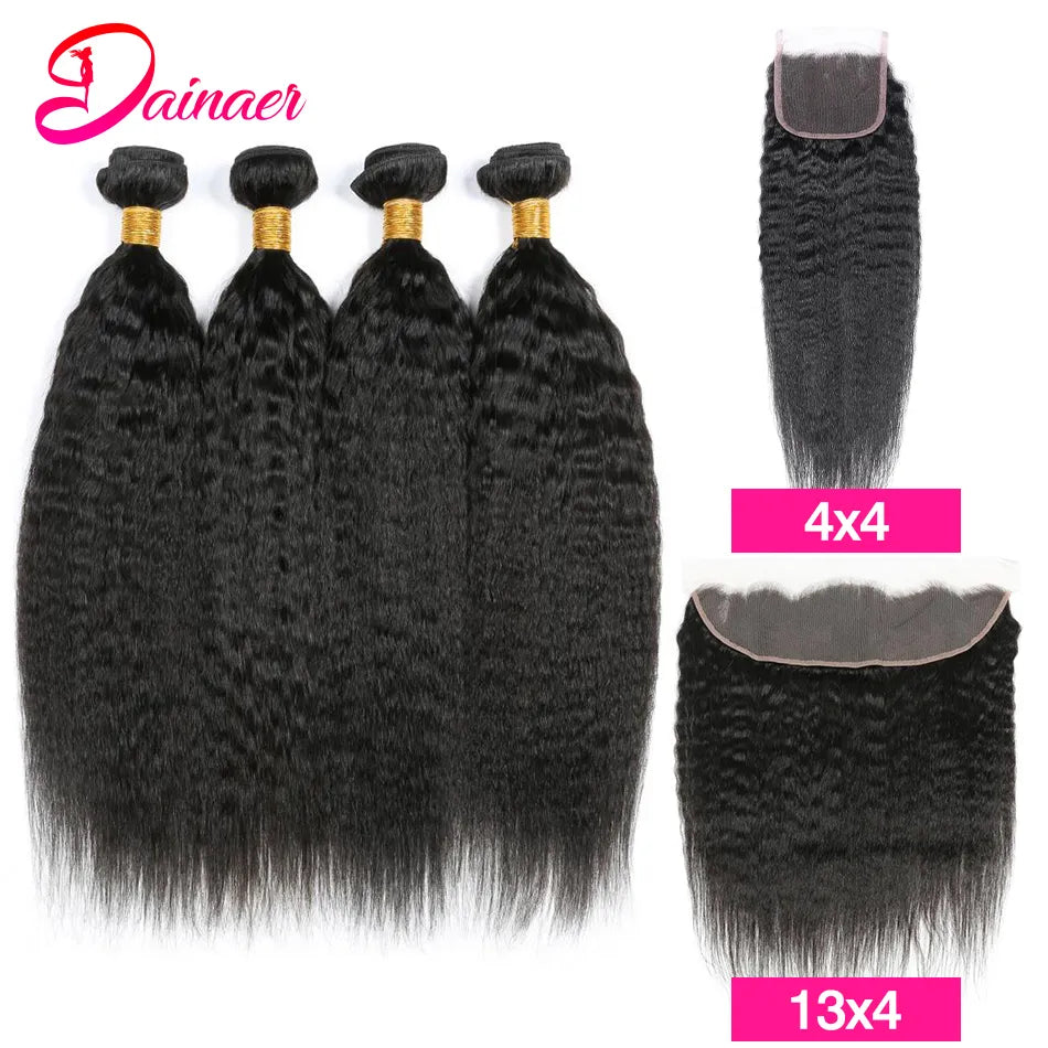 Brazilian Kinky Straight Human Hair Bundles Closure 4X4