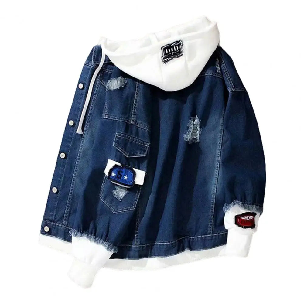 Men Light Blue Winter Jean Jackets Hooded Casual