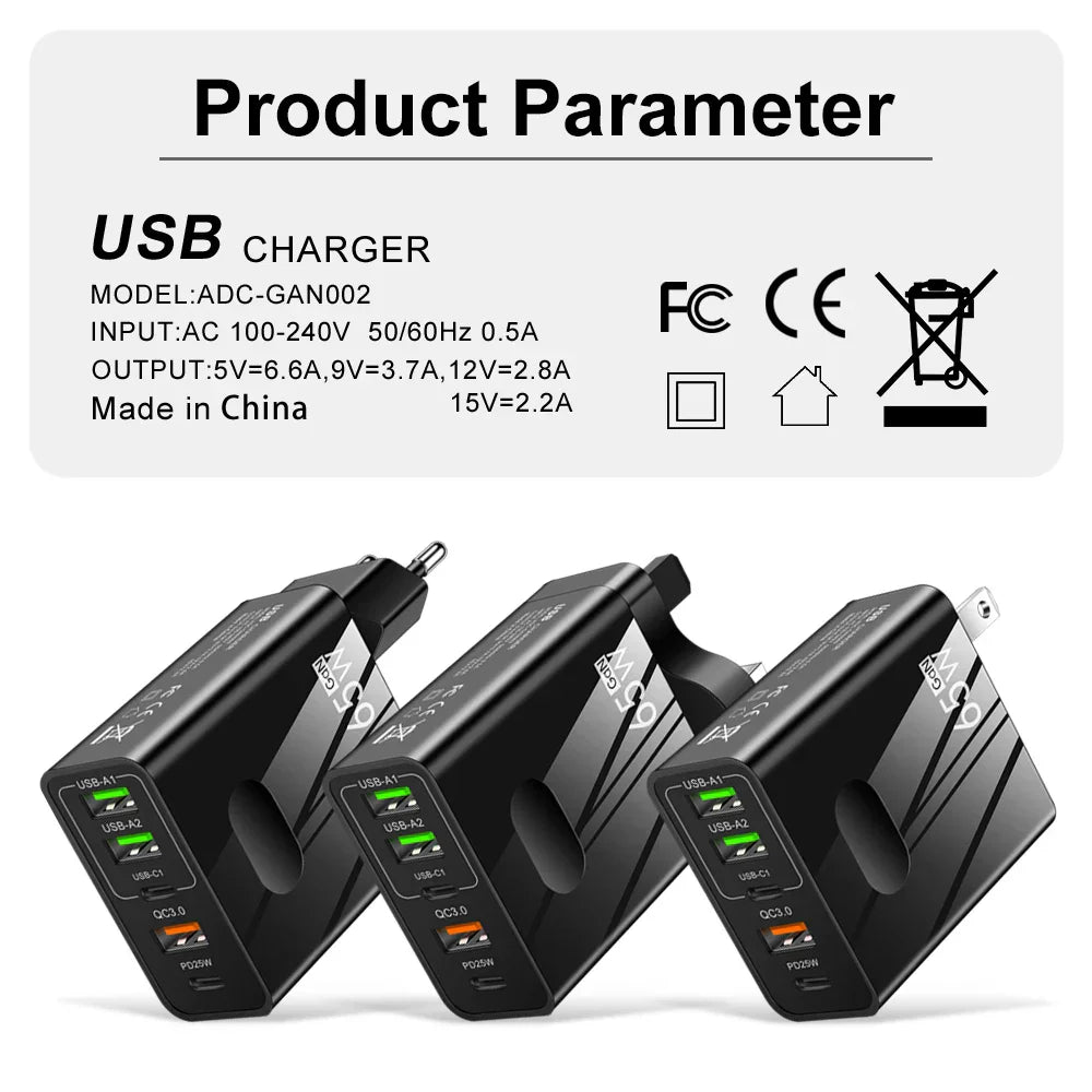 65W GaN Charger USB PD Muti Plugs Fast