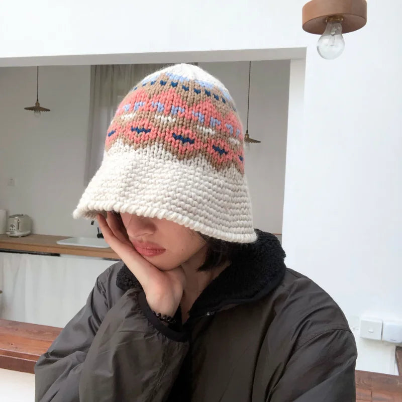 Female Knitting Bucket Hats Harajuku Bucket Hat Fishing