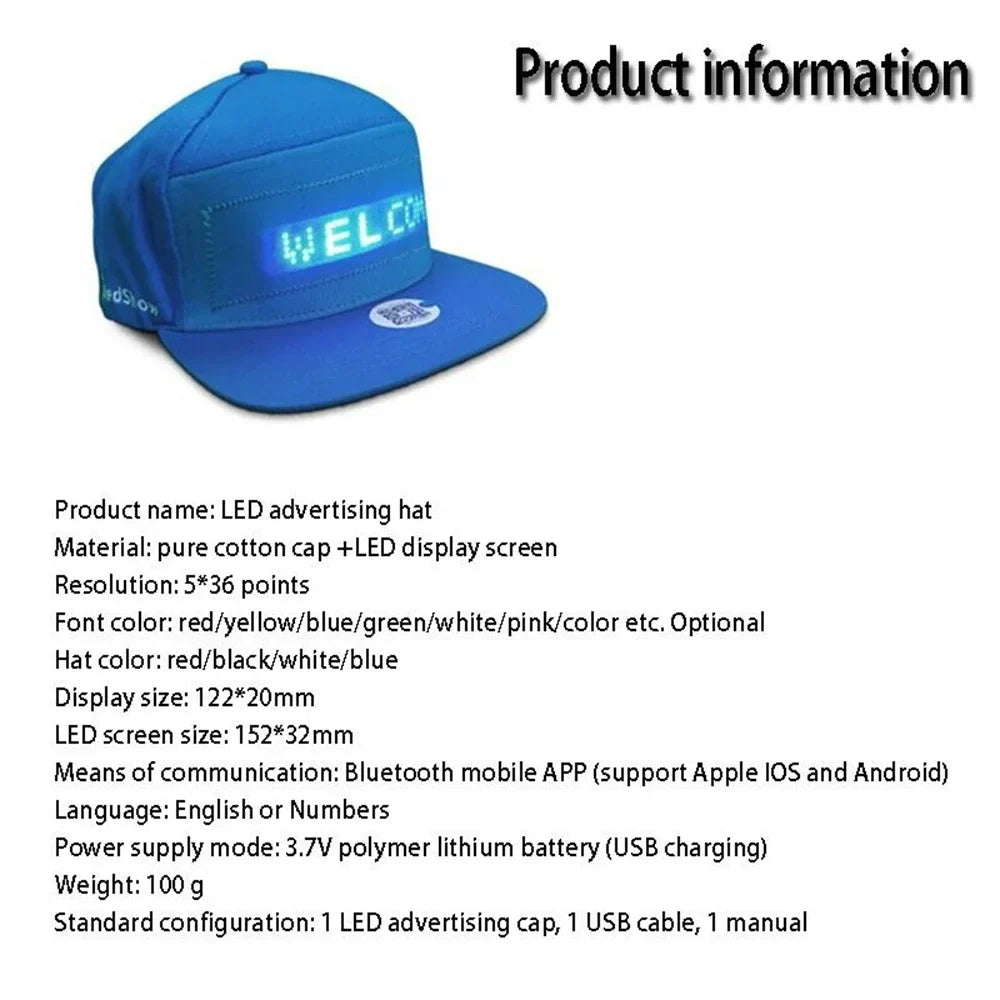 Unisex Baseball Cap USB Rechargeable Bluetooth APP Programmable