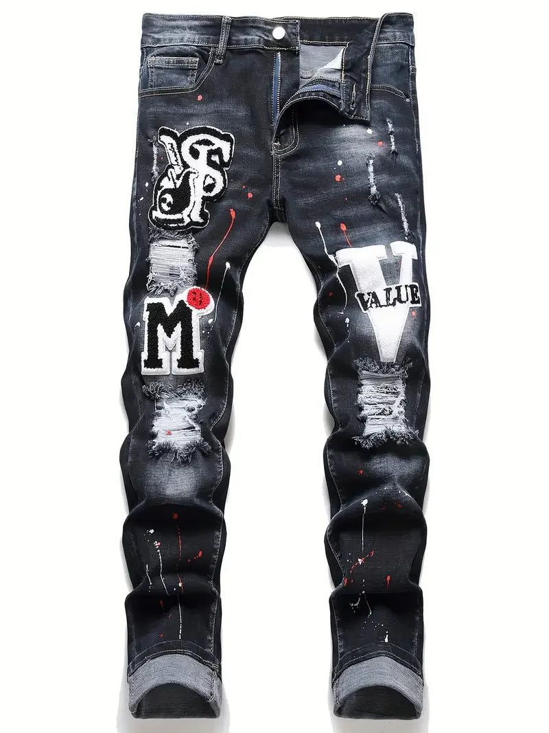 Men Stretchy Ripped Skinny Biker Embroidery Cartoon Print