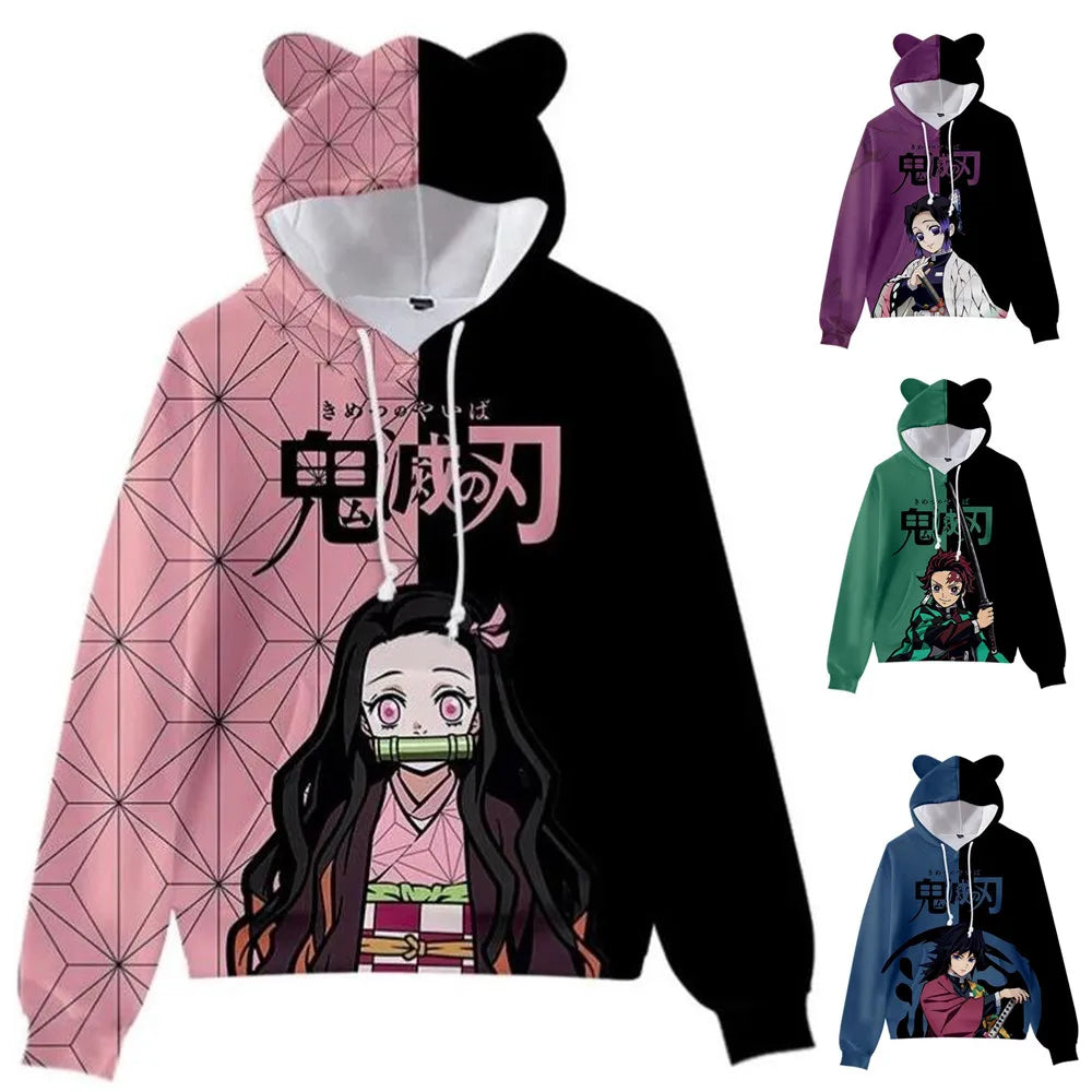 Anime Demon Slayer Hoodies Women Cat Ears Cartoon