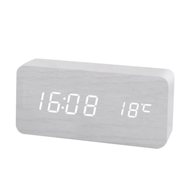 Wooden Digital Alarm Clock with Wireless Charging, LED