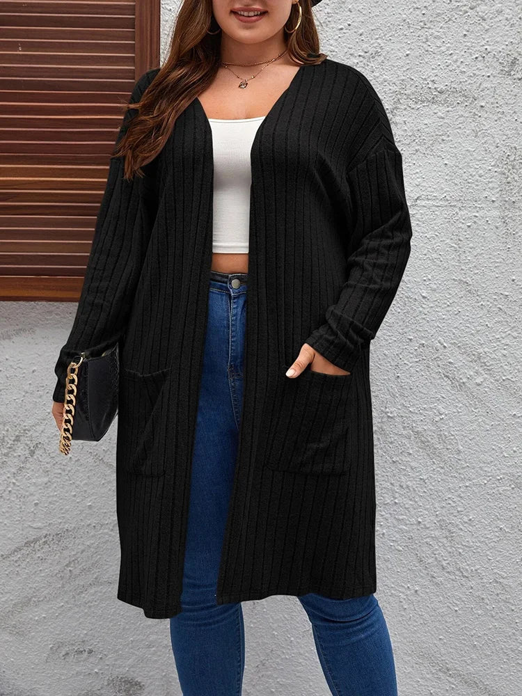 GIBSIE Plus Size Solid Rib Knit Open Front
