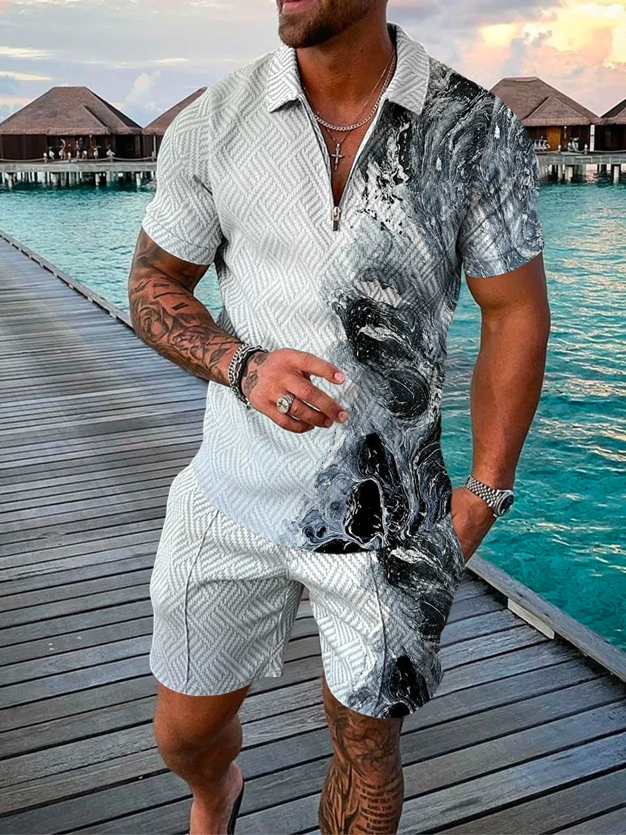 Men's Tracksuit Cotton Solid Color Short Sleeve Zipper