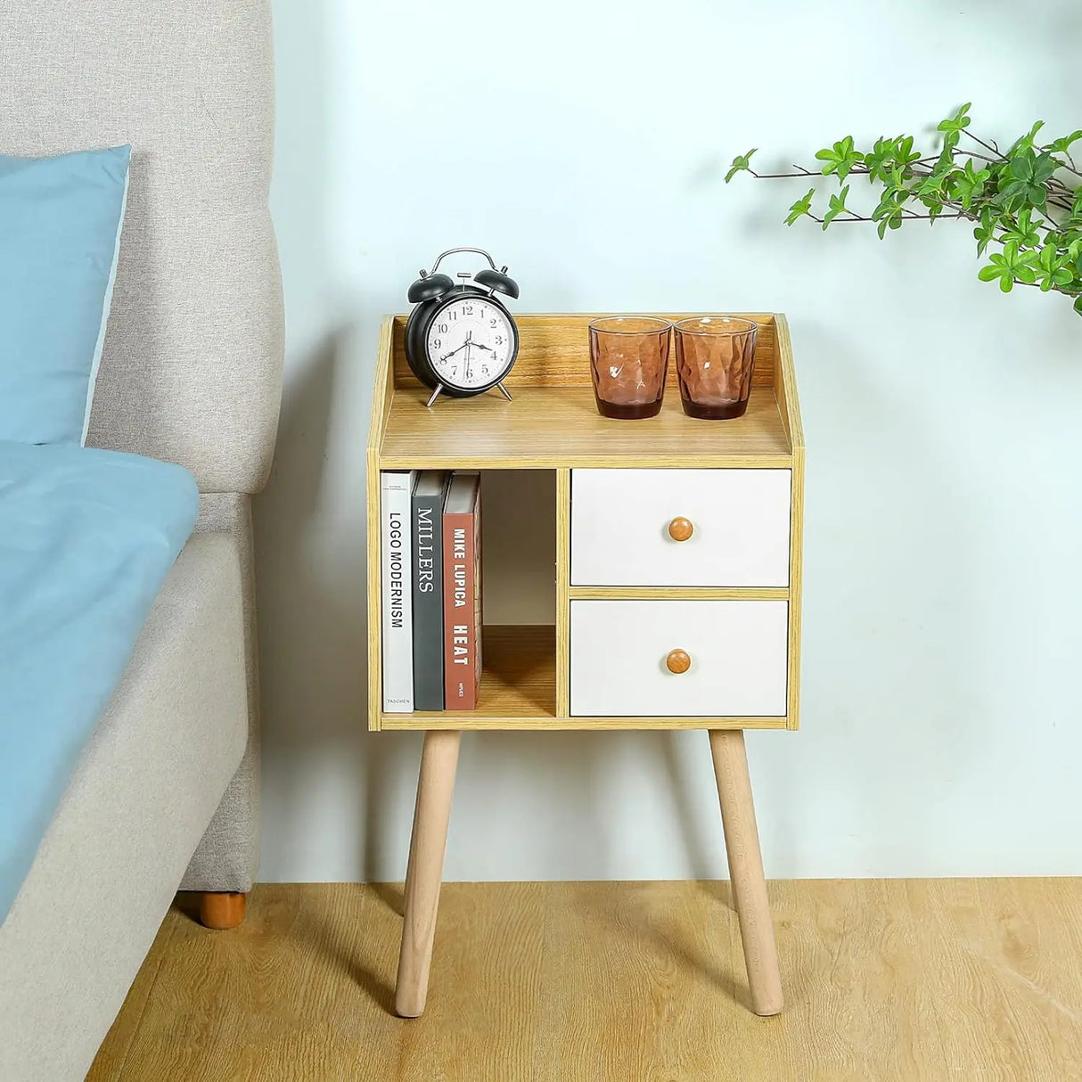 Night Stand, Bedside Table with Drawers Mid Century