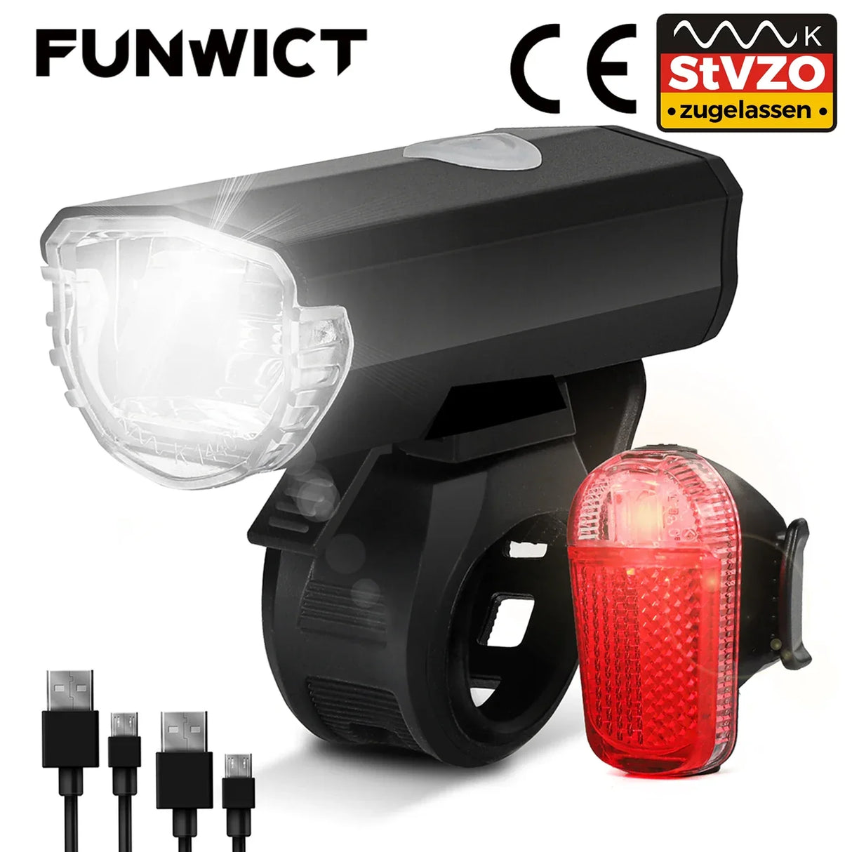FUNWICT Bicycle Light Set USB StVZO Headlight LED