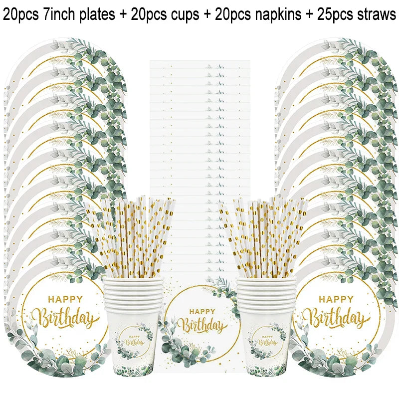 85Pcs Green Eucalyptus Leaf Disposable Tableware Set Paper