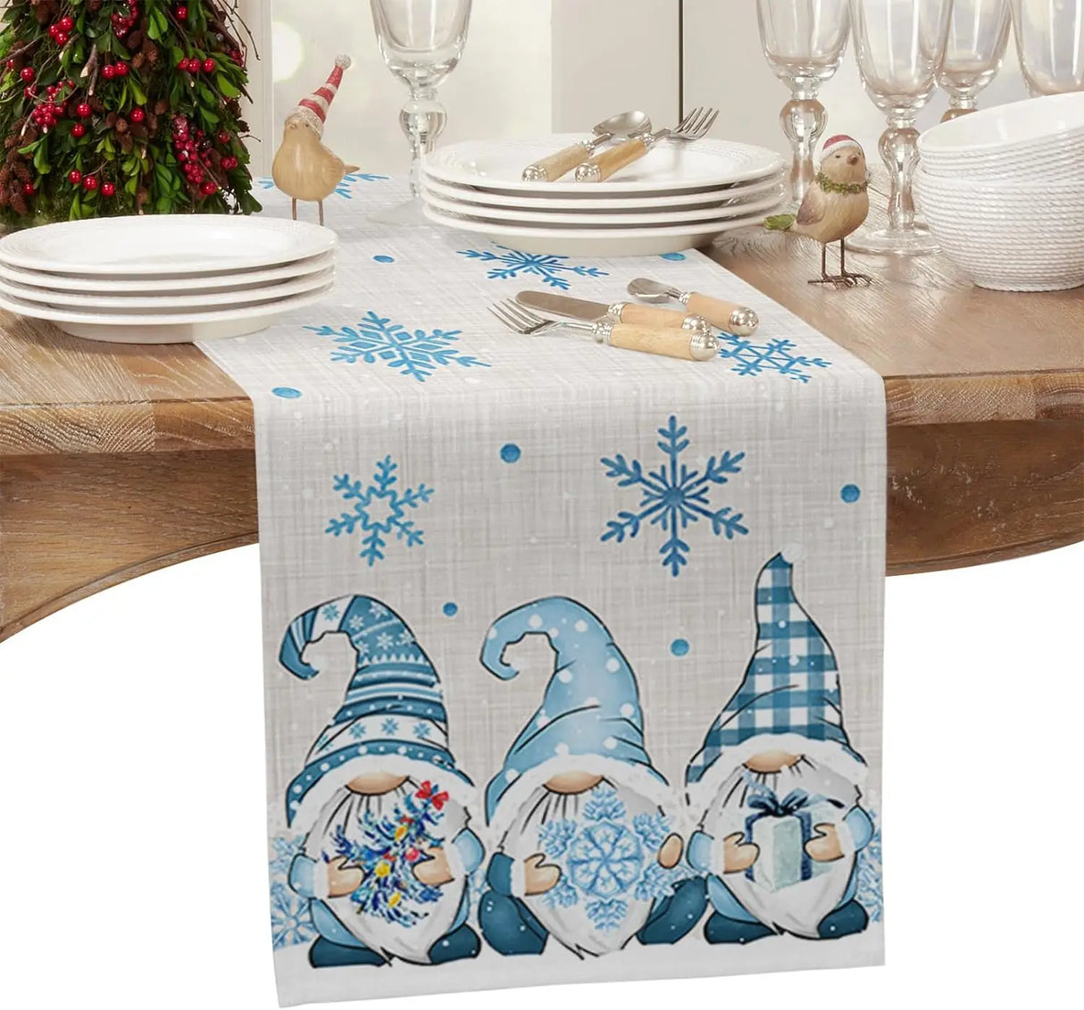 Christmas Blue Gnomes Winter Snowflake Linen Table Runners