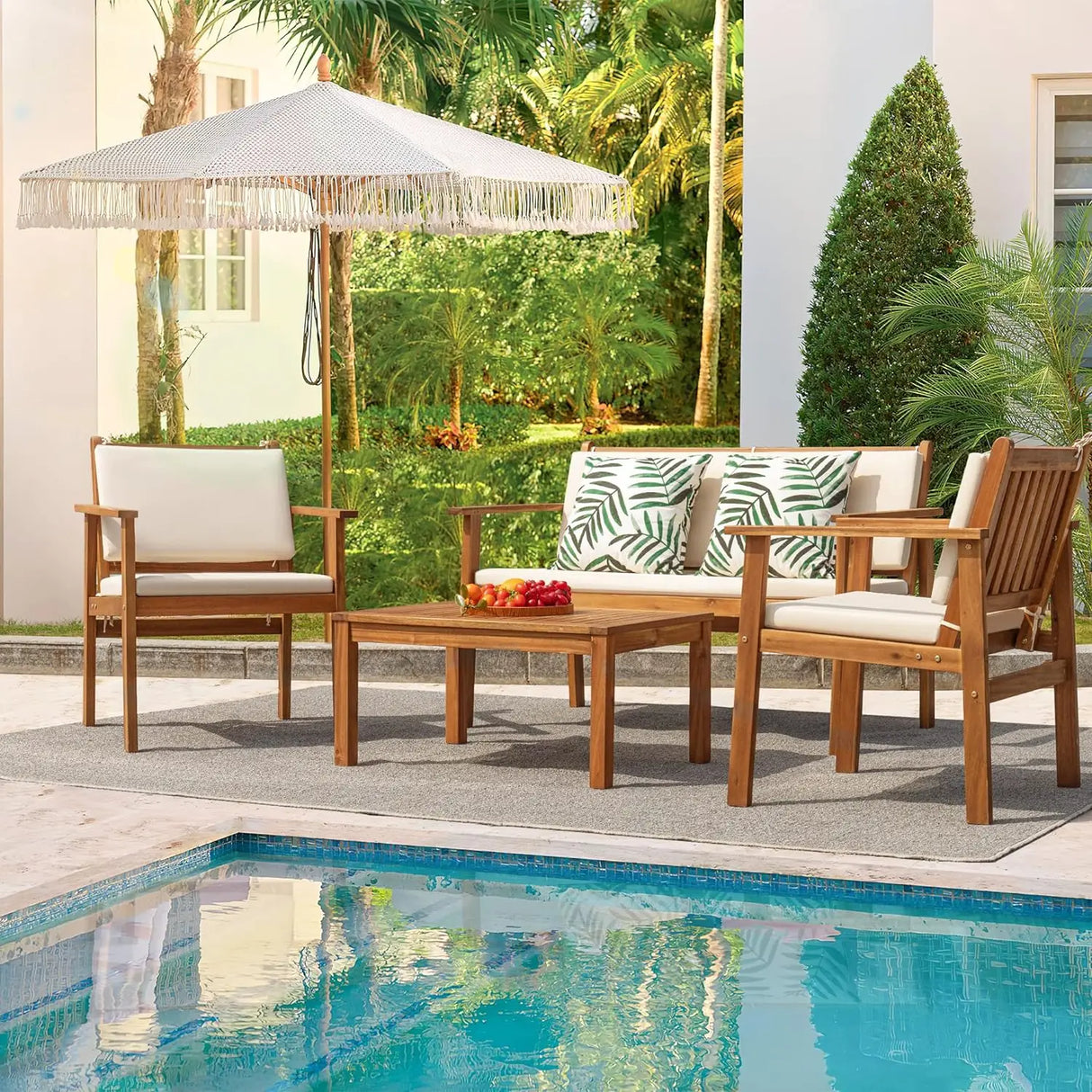 Patio Furniture Outdoor Acacia Wood Conversation Sofa Set