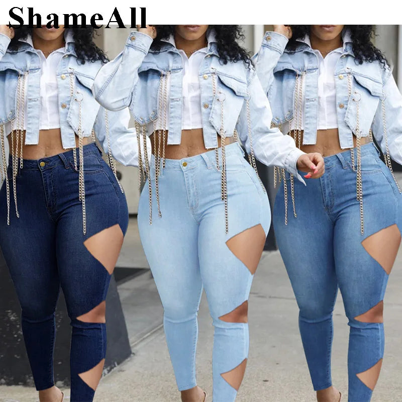 Plus Size Street Asymmetrical Cut Hole Stretchy Skinny