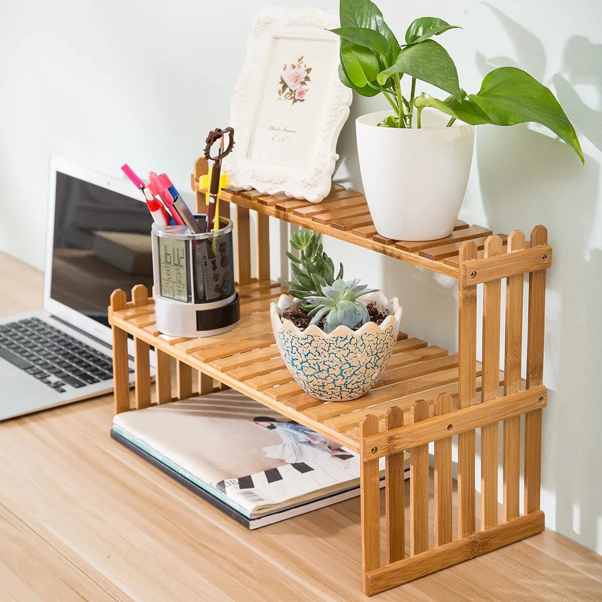 Natural Bamboo Indoor Plant Stand for Desk,2 Tier