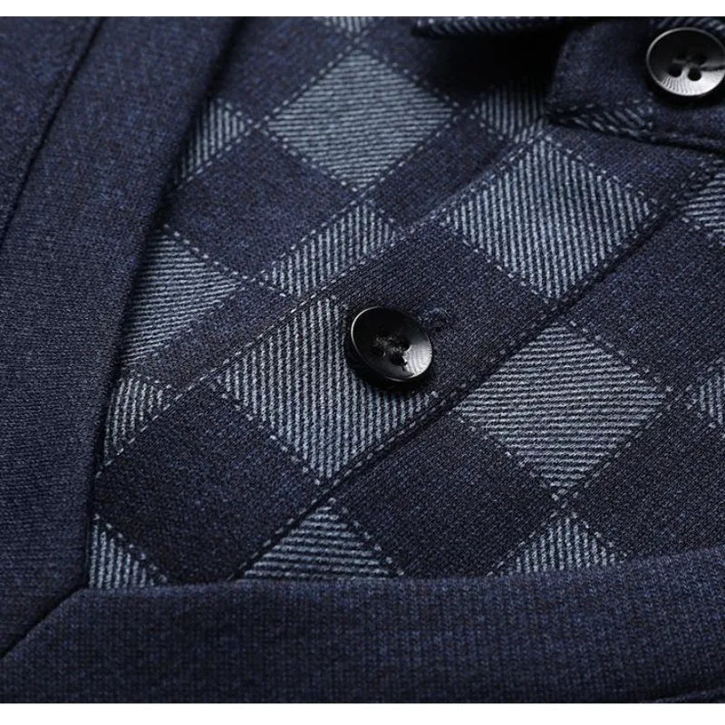 Spring and Autumn Men's Pullover Button Contrast Plaid