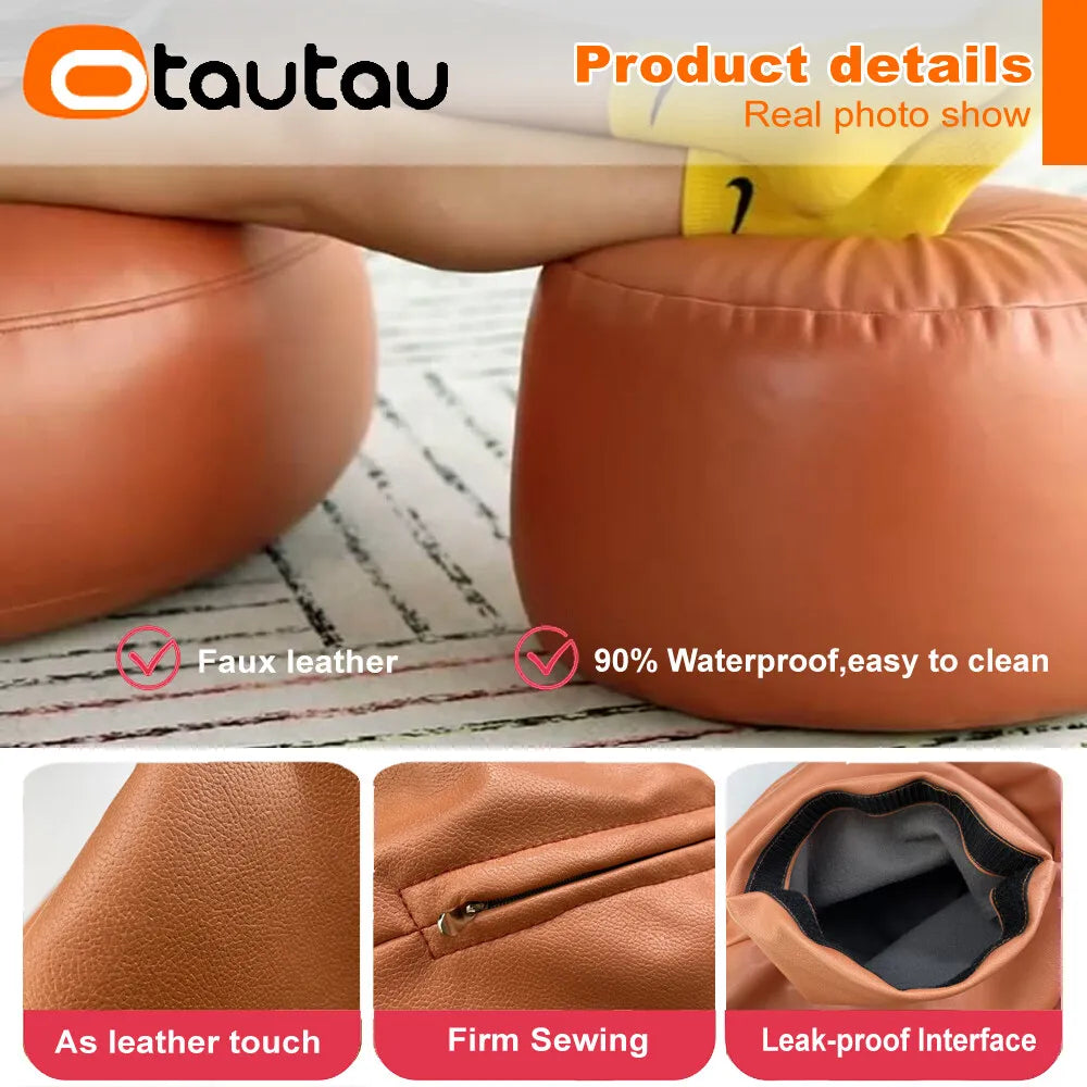OTAUTAU Small Round Faux Leather Ottoman Stool Beanbag