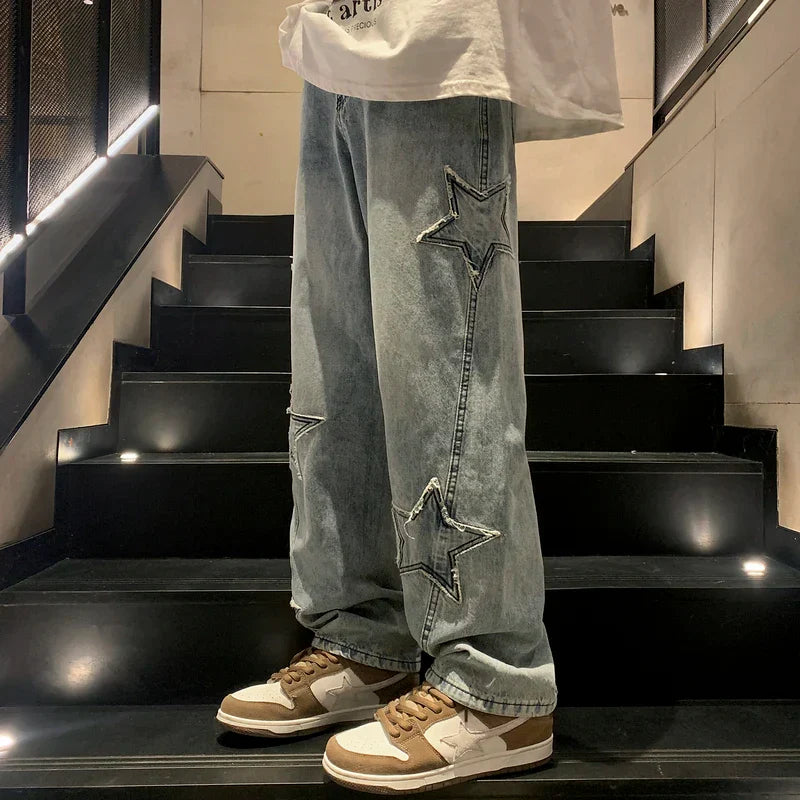 Star Embroidery Straight Casual Men Jeans Gothic Neutral
