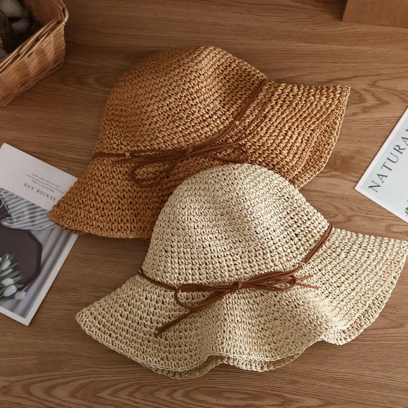 Beach Straw Women Foldable Bucket Simple Solid Color