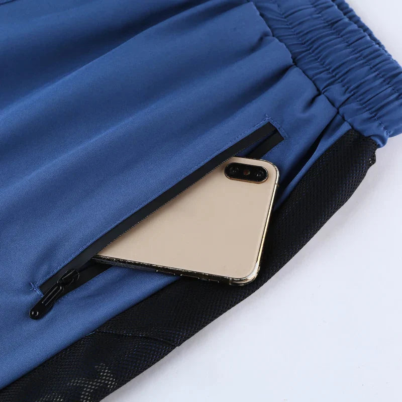 Men Run Shorts Patchwork Training Shorts Zipper Pockets