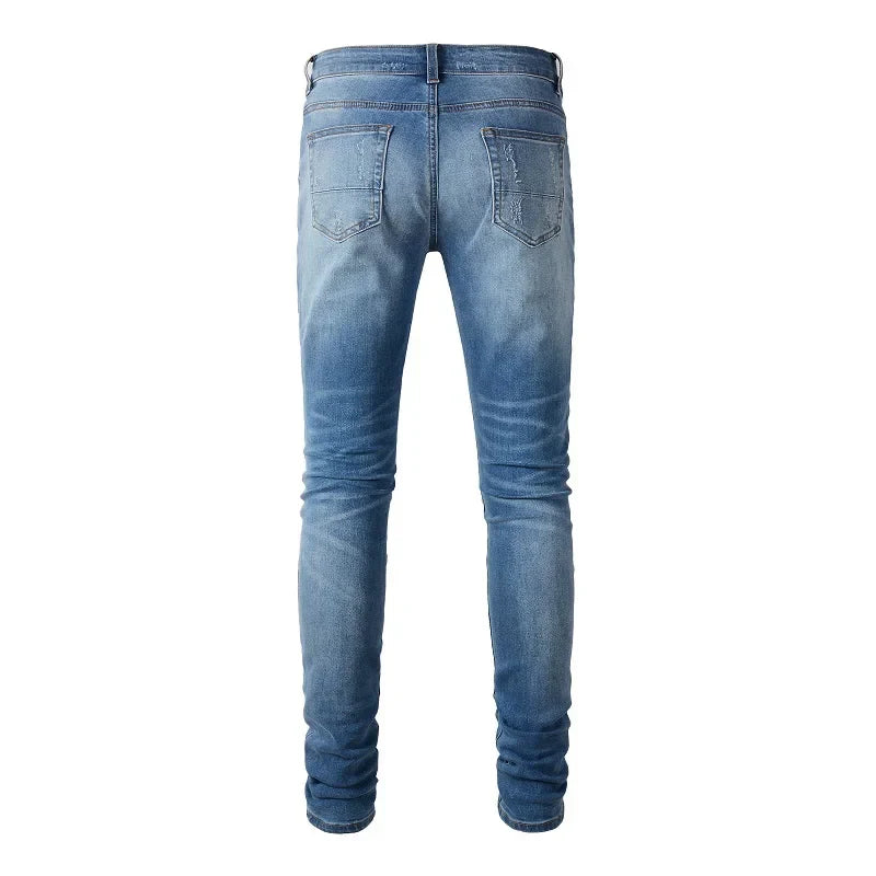 Men Stretch Denim Biker Jeans Classic Blue Pleated