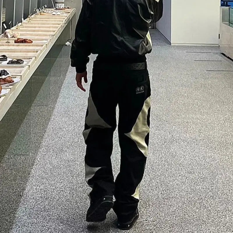 New Y2k Men Black Baggy Jeans Spliced Leather