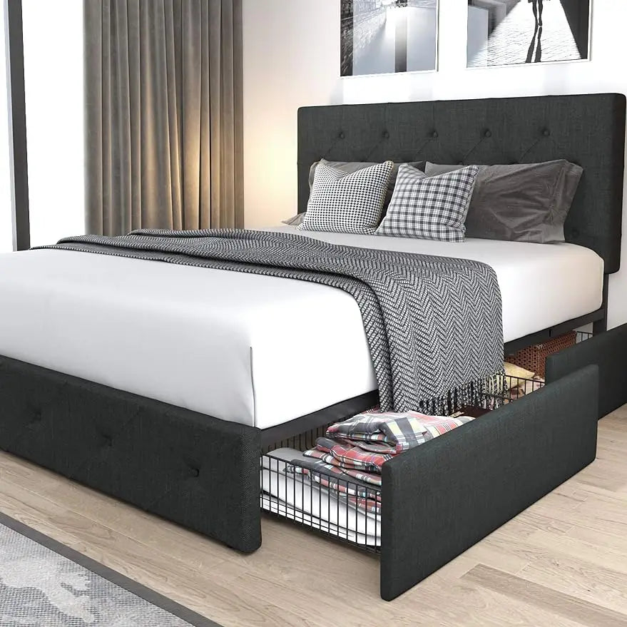 Allewie-Upholstered Queen Size Platform Bed Frame, 4 Storage