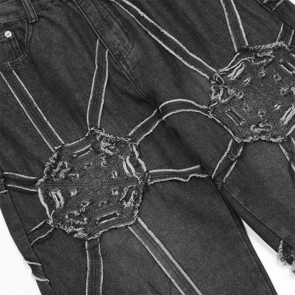 Vintage Gear Patch Punk Jeans High Street Spiderweb