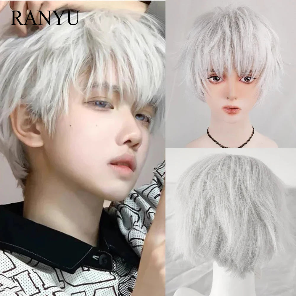 RANYU Synthetic Short Silver White Straight Curly Wigs