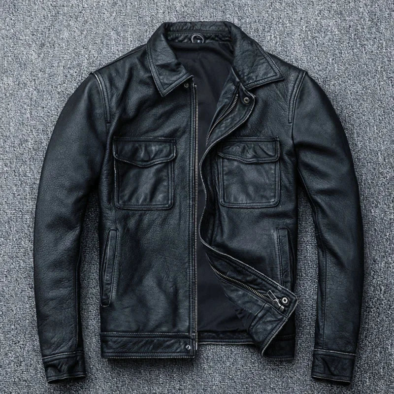 Vintage Genuine Leather Jacket Men 100% Cowhide Red