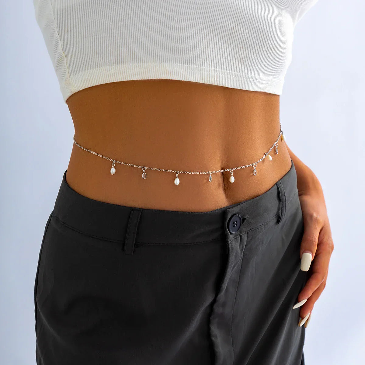 Small Imitation Pearl and Crystal Pendants Waist Chain