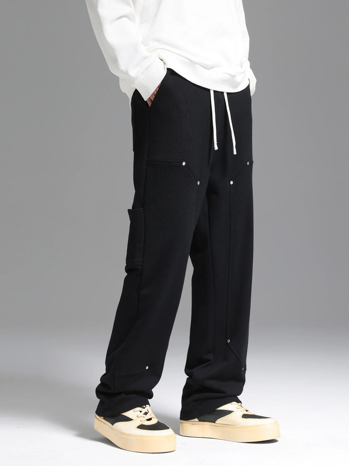 Side Strap button-down Logging Sweatpants Straight Leg Loose