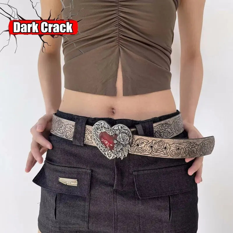 Gothic Women’s Men Y2k Harajuku Punk Lolita Girls Subcultures Personalized Retro Embossed Love Belt Leather Belt Fashion Gift