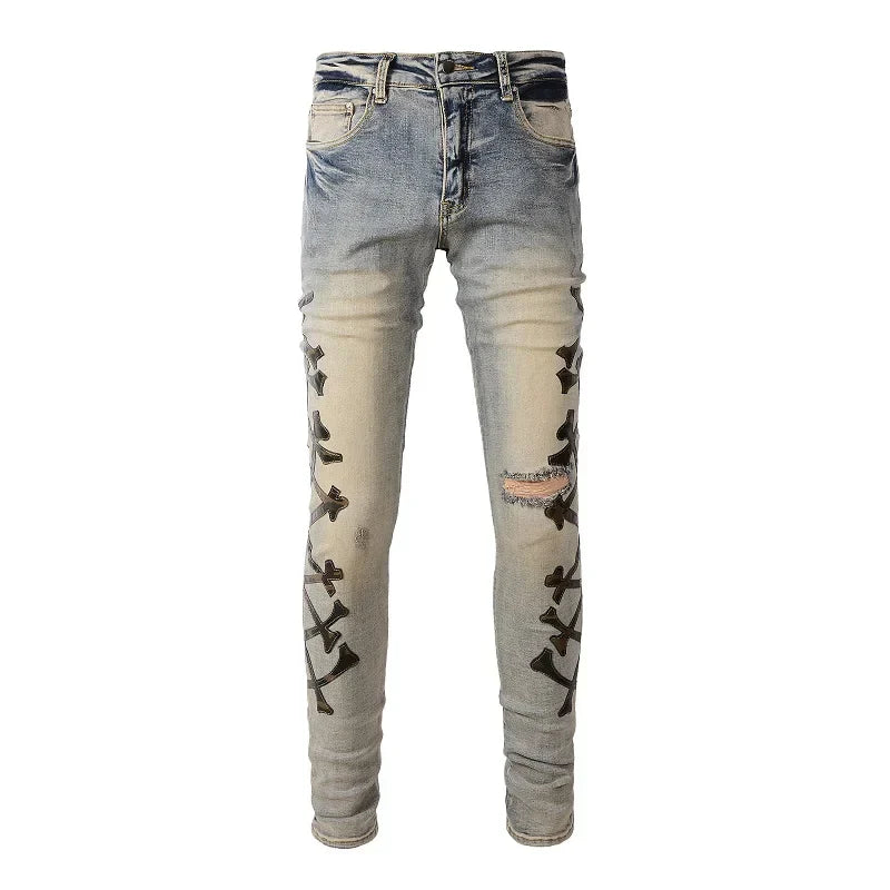 Men's Camouflage Leather Bones Patches Jeans Vintage Blue