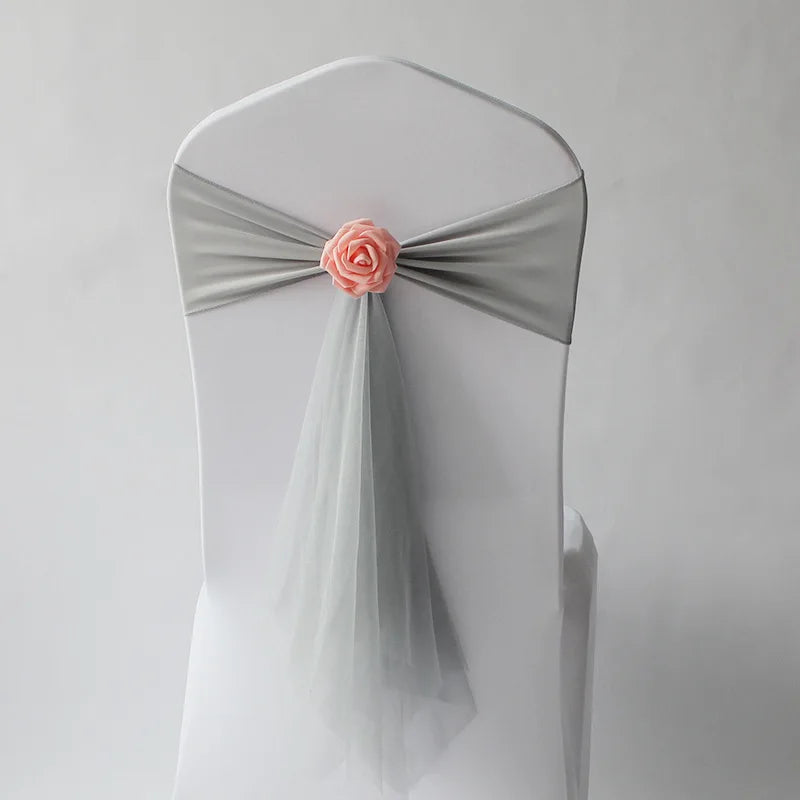 10pcs/lot Stretch Organza Chair Sash with Rose Ball