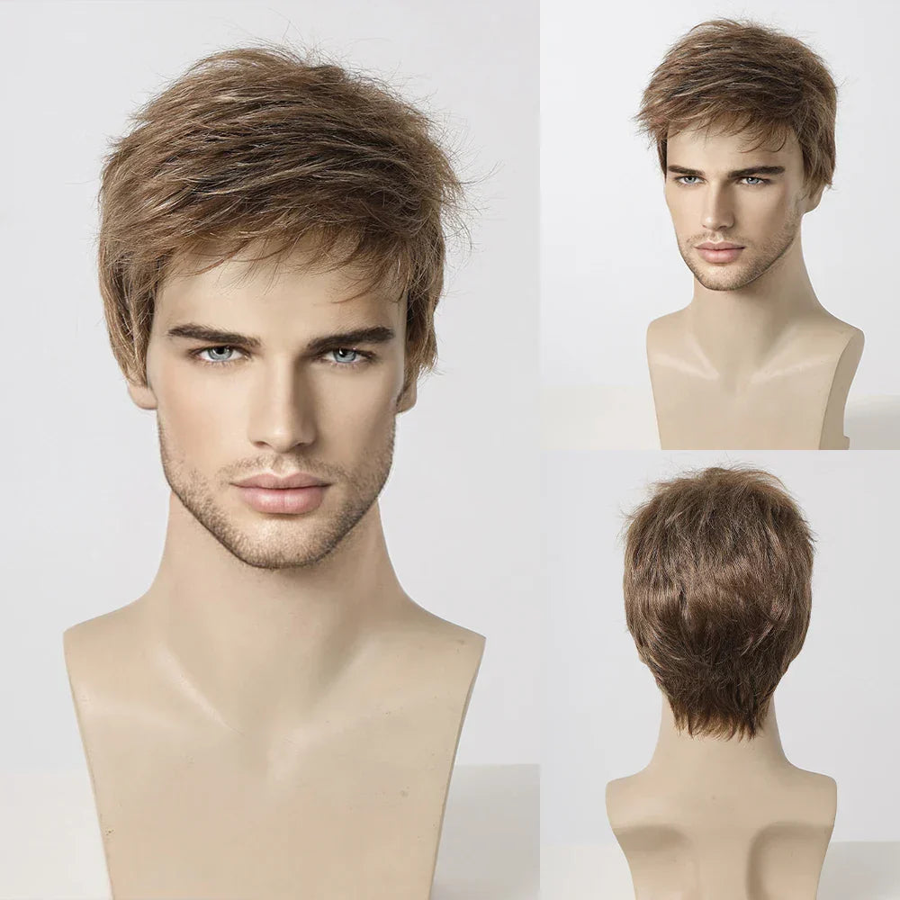 Bob Pixie Cut Wig for Men Light Brown
