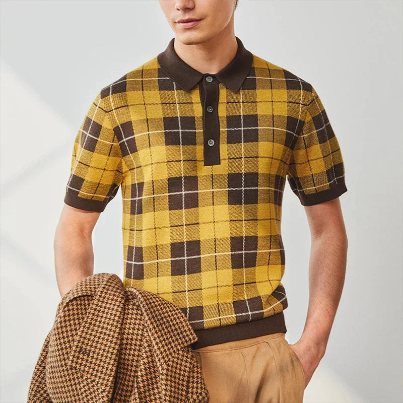 Summer Men's Clothing Luxury Check Knitted Short Sleeve