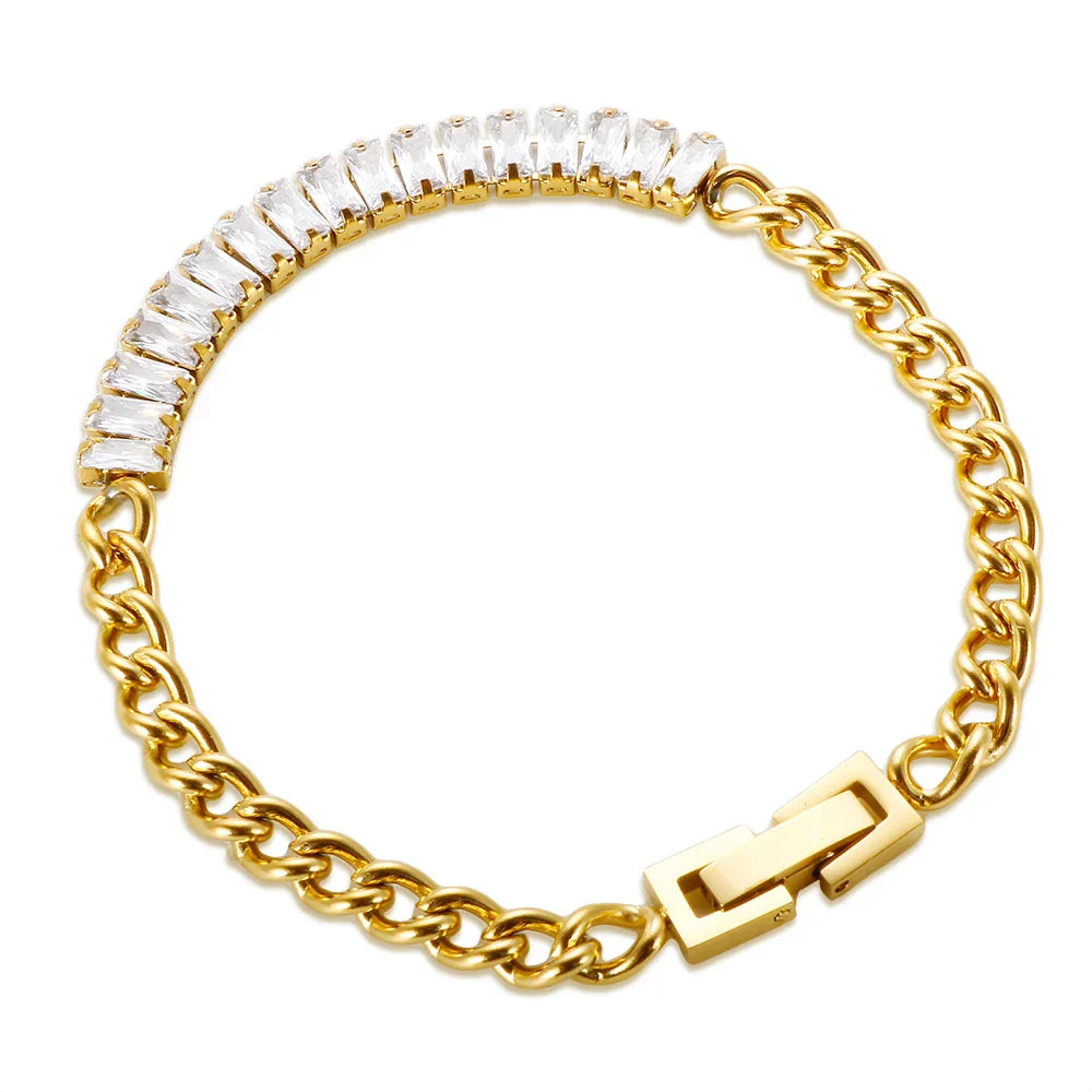 Luxury Cubic Zirconia Paneled Cuban Chain Bracelet 316L