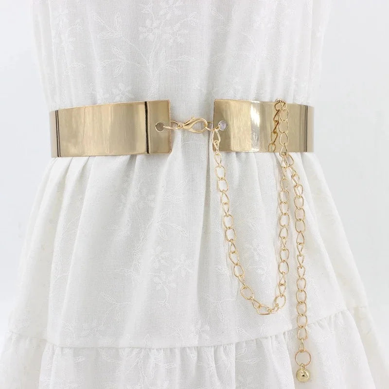 Women Fashion Adjustable Metal Belt Gold Silver Wide