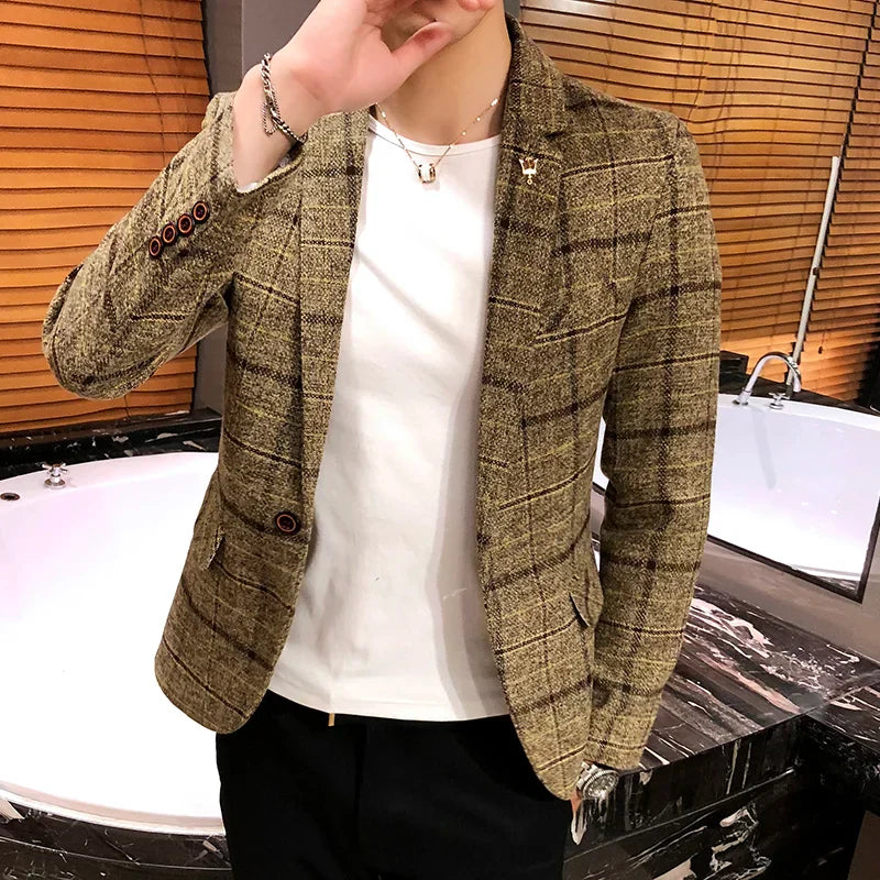 2023 New Men's Casual Plaid Suit Jacket Male