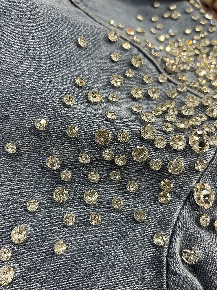 IEQJ Diamonds Patchwork Denim Jackets For Women Lapel